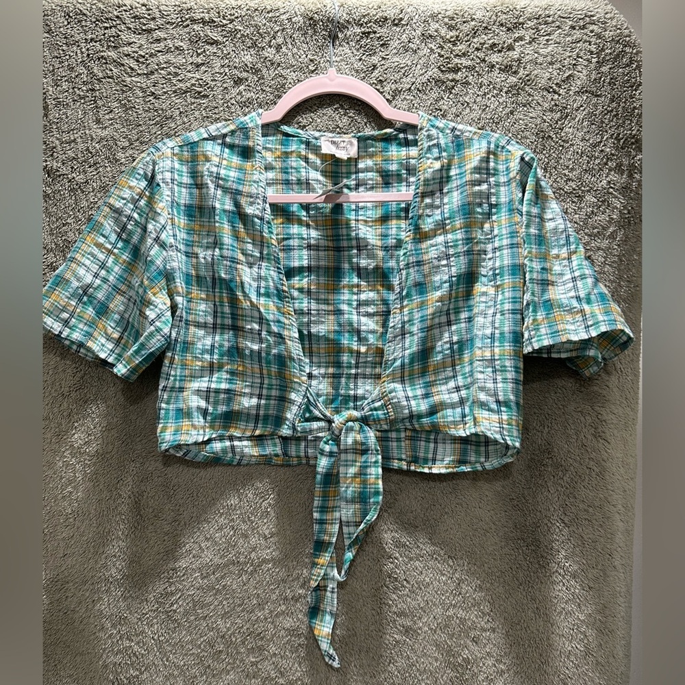 Dizzy Teal, White and Yellow Plaid Tie-Front Crop Top Cardigan